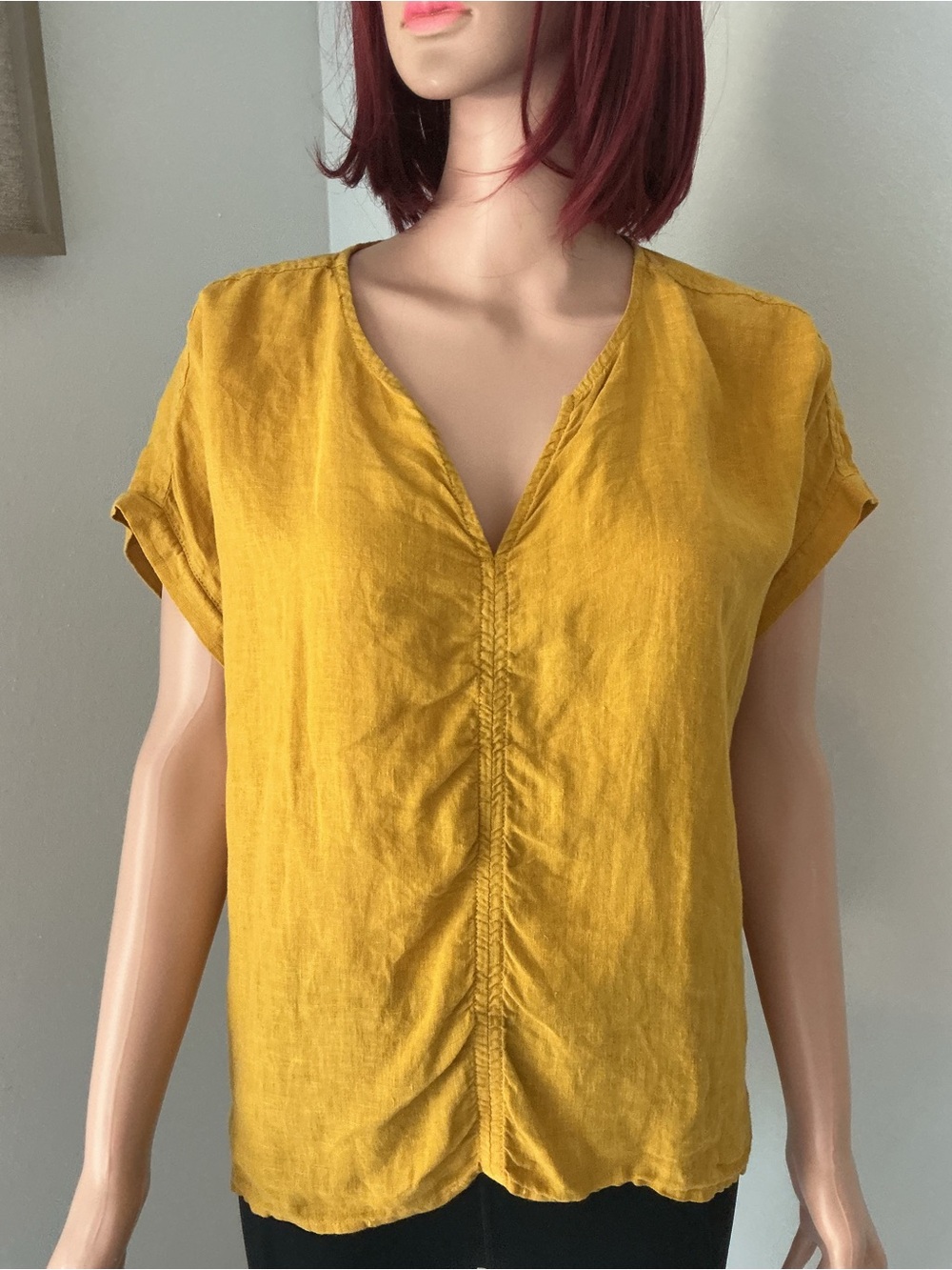 Tahari Mustard V-Neck Short Sleeve Blouse - Picture 2 of 8
